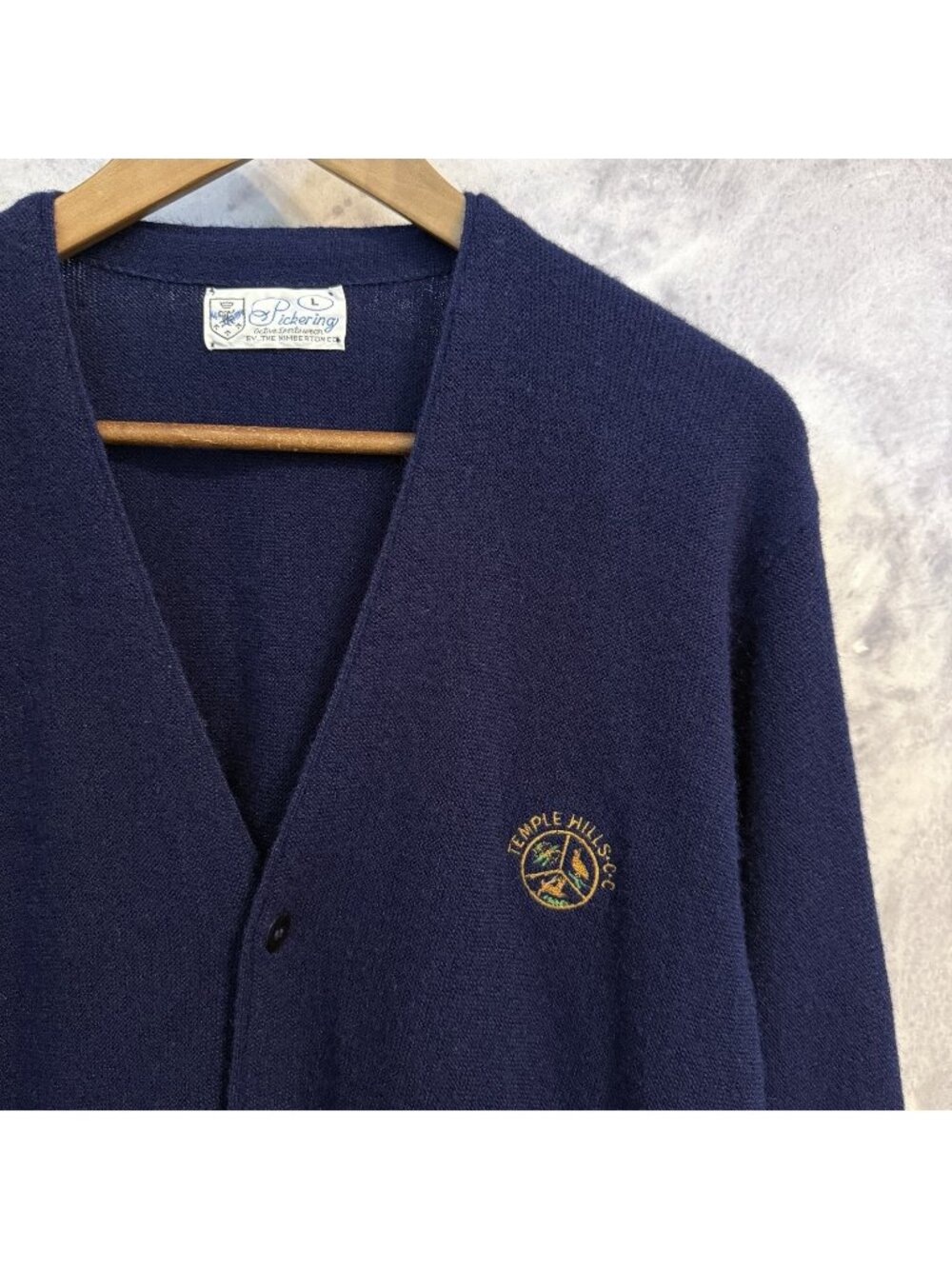 Vintage Pickering Knit Cardigan Sweater Navy Blue V Neck Size Large
